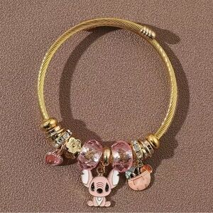 Disney Lilo and Stitch Charm Bracelet for Girls – Gold & Pink Adjustable Jewelry